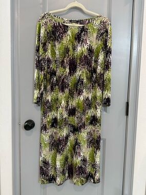 Nine West Olive, Black & White Abstract Chevron Midi Dress